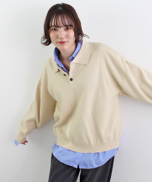 ABYS(アビス)の「【新色追加】襟付きポロカラーニットトップス(ニット/セーター・レディース・チャコールグレー/ネイビー/レッド/アイボリー/ライトグレー/イエロー・FREE)」の1枚目の写真
