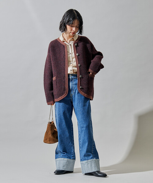 FREAK'S STORE(フリークスストア)の「トリミング チロリアン ニットジャケット/コンチョボタンニットカーディガン(カーディガン/ボレロ・レディース・グレー/オフホワイト/ブラウン・フリ-)」の4枚目の写真