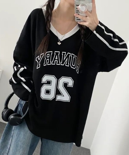 セール】【裏起毛】Vネックフロントプリントトレーナー（スウェット