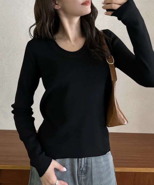 Eclat one(エクラワン)の「【Eclat one】ベーシック Uネック ニット プルオーバー(ニット/セーター・レディース・ブラウン/ホワイト/チャコール/ブラック・FREE)」の2枚目の写真