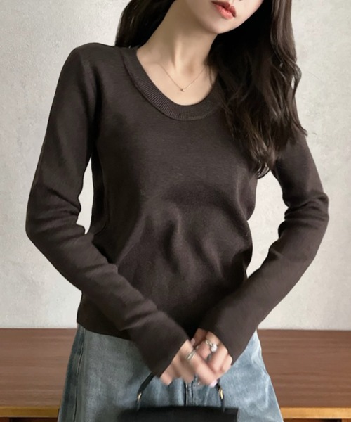 Eclat one(エクラワン)の「【Eclat one】ベーシック Uネック ニット プルオーバー(ニット/セーター・レディース・ブラウン/ホワイト/チャコール/ブラック・FREE)」の13枚目の写真