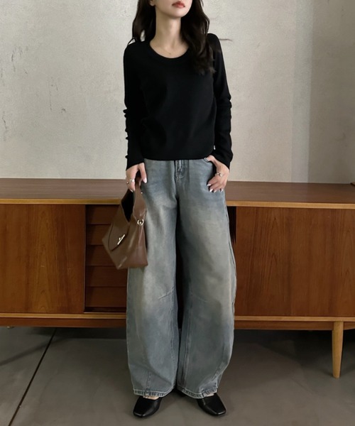 Eclat one(エクラワン)の「【Eclat one】ベーシック Uネック ニット プルオーバー(ニット/セーター・レディース・ブラウン/ホワイト/チャコール/ブラック・FREE)」の12枚目の写真