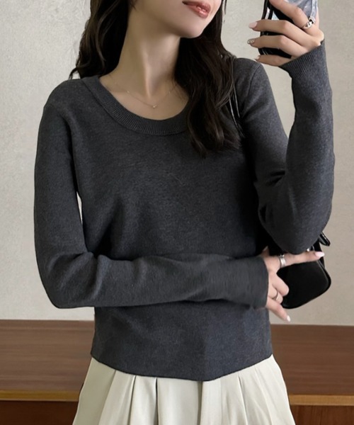 Eclat one(エクラワン)の「【Eclat one】ベーシック Uネック ニット プルオーバー(ニット/セーター・レディース・ブラウン/ホワイト/チャコール/ブラック・FREE)」の18枚目の写真