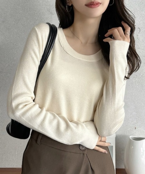 Eclat one(エクラワン)の「【Eclat one】ベーシック Uネック ニット プルオーバー(ニット/セーター・レディース・ブラウン/ホワイト/チャコール/ブラック・FREE)」の5枚目の写真