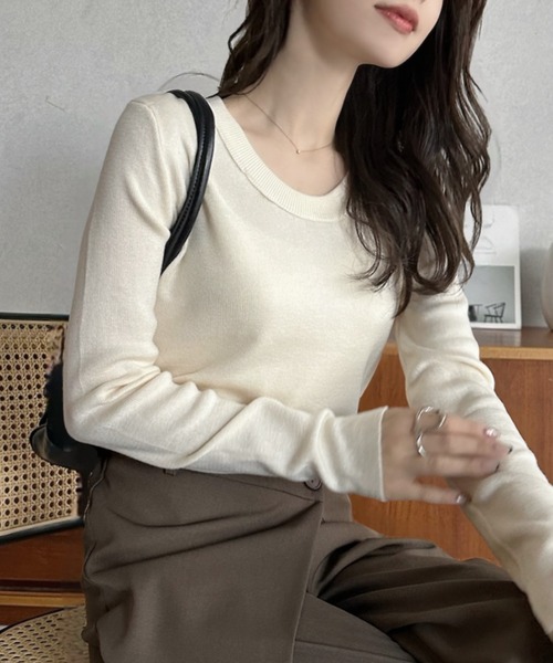 Eclat one(エクラワン)の「【Eclat one】ベーシック Uネック ニット プルオーバー(ニット/セーター・レディース・ブラウン/ホワイト/チャコール/ブラック・FREE)」の7枚目の写真