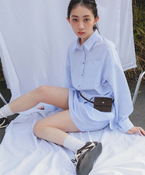 miette(ミエット)の「サッカーチェックシャツスカートセット(セットアップ・レディース・ネイビー/オフホワイト/ライトブルー/ライトベージュ・L/M/S)」の3枚目の写真