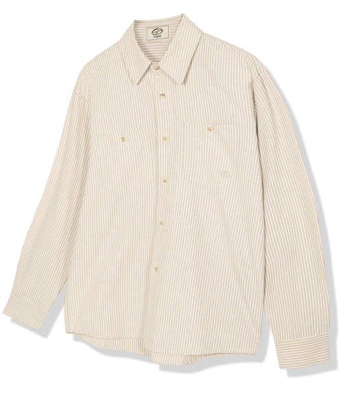 GUBIN(グビン)の「レタリングスリーブストライプシャツ - ベージュ(シャツ/ブラウス・メンズ・その他・LARGE/SMALL/MEDIUM)」の1枚目の写真