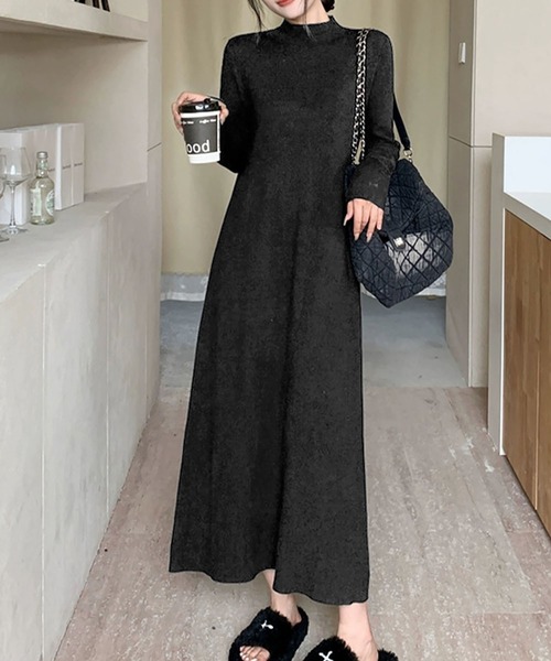 ハイネック ニットワンピース ロング丈 冬 長袖 秋冬 きれいめ Aライン