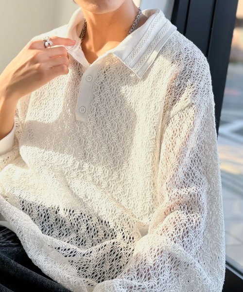 Classical Origin(�N���V�J���I���W��)�́u�������A���[�h�̗]�C�B�v�܃_�u�����C���g�����[�X���j�b�g�|���V���c�^Double-Line Collar Lace Pattern Knit Polo Shirt(�|���V���c)