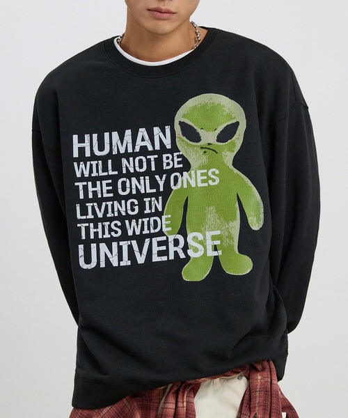 HOODHOOD(フッドフッド)の「【UNISEX】HOODHOOD/Ailen スローガンプルオーバー(Tシャツ/カットソー・レディース・ライトグレー/ブラック・LARGE/MEDIUM)」の2枚目の写真