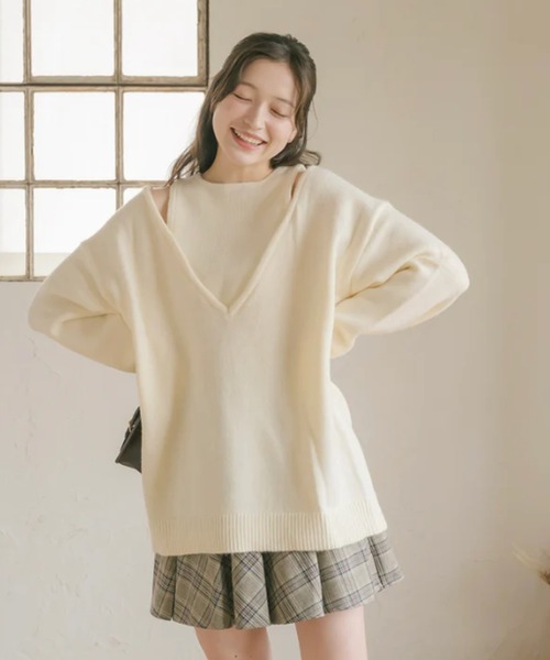 amr.（アムレ）の「レイヤードVネックニット（ニット/セーター・レディース・アイボリー/ブラウン・FREE）」の18枚目の写真