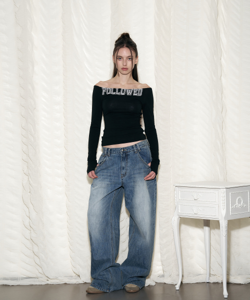 PLEASENOFOLLOW(プリーズノーフォロー)の「25Damaged Washing Wide Denim (Washed Blue)(デニムパンツ・レディース・その他・SMALL/MEDIUM/LARGE)」の1枚目の写真