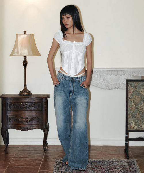 PLEASENOFOLLOW(プリーズノーフォロー)の「25Damaged Washing Wide Denim (Washed Blue)(デニムパンツ・レディース・その他・SMALL/MEDIUM/LARGE)」の2枚目の写真