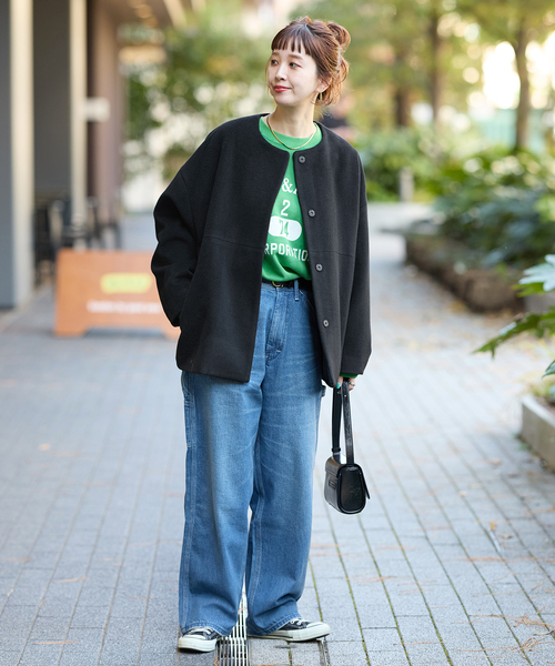 B.C STOCK（ベーセーストック）の「メルトモッサクルーネックショートコート（ノーカラーコート・レディース・アイボリー/ブラック・FREE）」の3枚目の写真