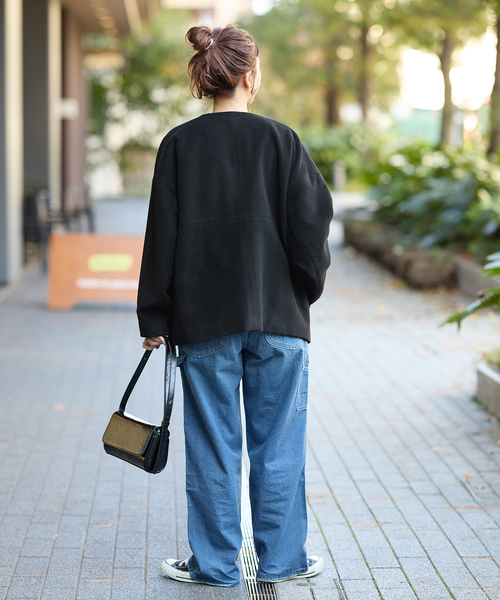 B.C STOCK（ベーセーストック）の「メルトモッサクルーネックショートコート（ノーカラーコート・レディース・アイボリー/ブラック・FREE）」の5枚目の写真