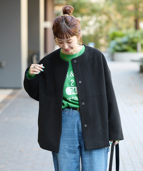 B.C STOCK（ベーセーストック）の「メルトモッサクルーネックショートコート（ノーカラーコート・レディース・アイボリー/ブラック・FREE）」の6枚目の写真