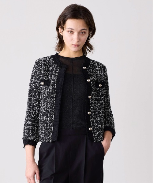Marilyn Moon(マリリンムーン)の「tweed knit fringe jacket(ノーカラージャケット・レディース・ホワイト/ブラック・FREE)」の3枚目の写真