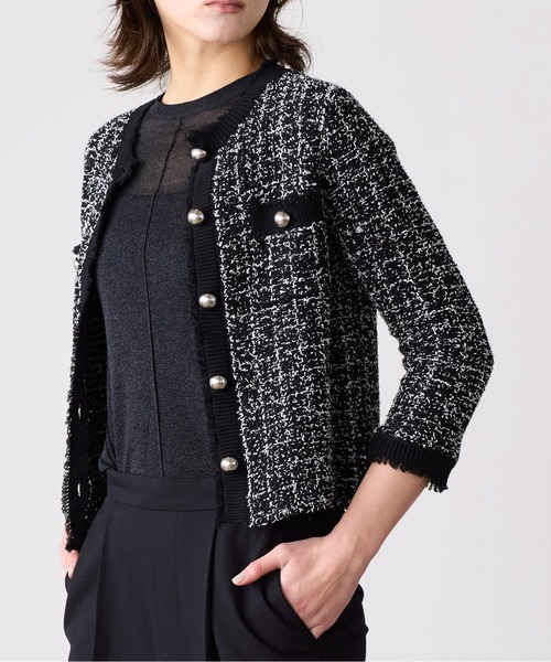 Marilyn Moon(マリリンムーン)の「tweed knit fringe jacket(ノーカラージャケット・レディース・ホワイト/ブラック・FREE)」の7枚目の写真