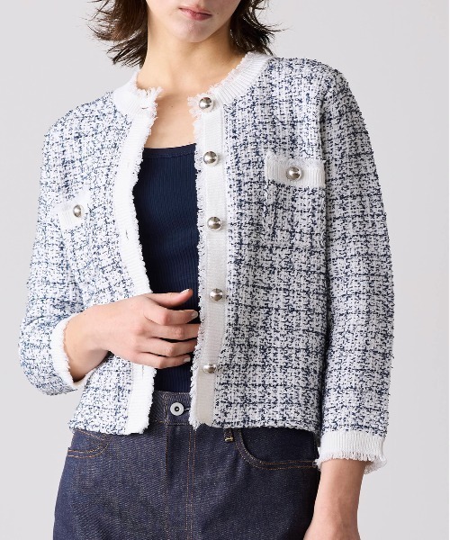 Marilyn Moon(マリリンムーン)の「tweed knit fringe jacket(ノーカラージャケット・レディース・ホワイト/ブラック・FREE)」の9枚目の写真