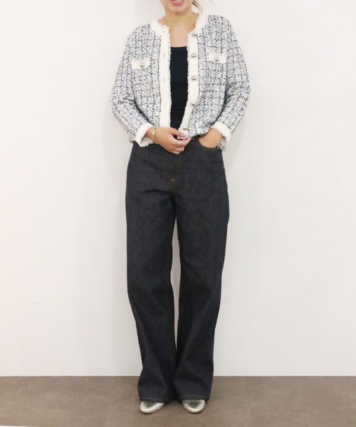 Marilyn Moon(マリリンムーン)の「tweed knit fringe jacket(ノーカラージャケット・レディース・ホワイト/ブラック・FREE)」の22枚目の写真