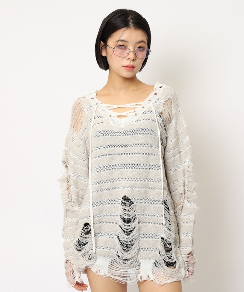 SPIRALGIRL(スパイラルガール)の「レースアップオーバーニット(ニット/セーター・レディース・グレー系/その他/ベージュ系・FREE)」の10枚目の写真