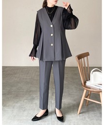 She's Closet（シーズクローゼット）の「ペプラムＶネック金ボタンベスト＆ロングタックワイドパンツスーツセットアップ（スーツセット）」