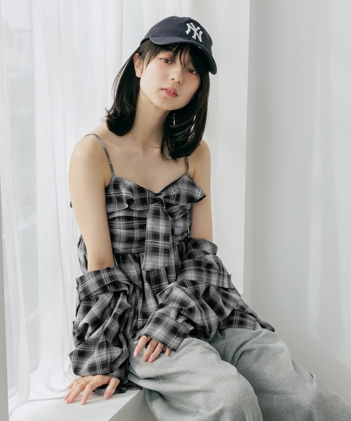 Heather（ヘザー）の「チェックフリルビスチェ　656717（キャミソール・レディース・ベージュ/ブルー/ブラック/ネイビー・FREE）」の7枚目の写真