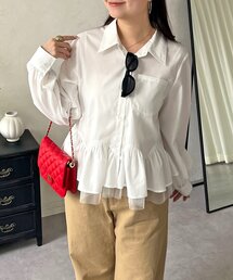 裾フリルチュールボリュームスリーブシャツ