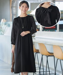 ドット柄コンビバックリボンタックワンピース