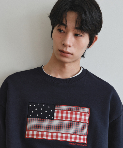 WEDNESDAY OASIS（ウェンズデーオアシス）の「フラッグアップリケスウェットシャツ_NAVY(W26TP08)（スウェット・メンズ・ネイビー・MEDIUM/LARGE）」の4枚目の写真