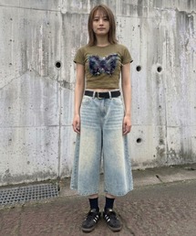 デニムガウチョパンツ|7分丈で抜け感 ワイドデニムパンツ ゆったり体型カバー レディース