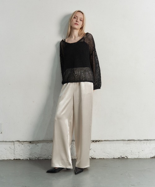 My shawty(マイシャウティー)の「satin easy wide pants(スラックス・レディース・ブラック/アイボリー・FREE)」の2枚目の写真