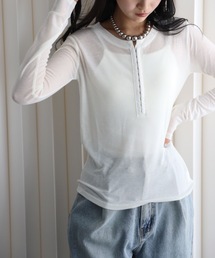 YENNA | 配色ヘンリーネック ロングスリーブトップス/シアーリブ(Tシャツ/カットソー)