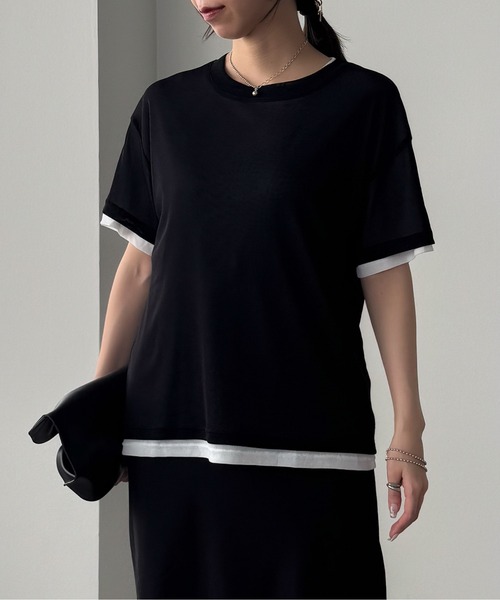 Pqran(クラン)の「レイヤードニットチュールTシャツ(Tシャツ/カットソー・レディース・イエロー/ネイビー/レッド/グリーン/ブラック・FREE)」の1枚目の写真