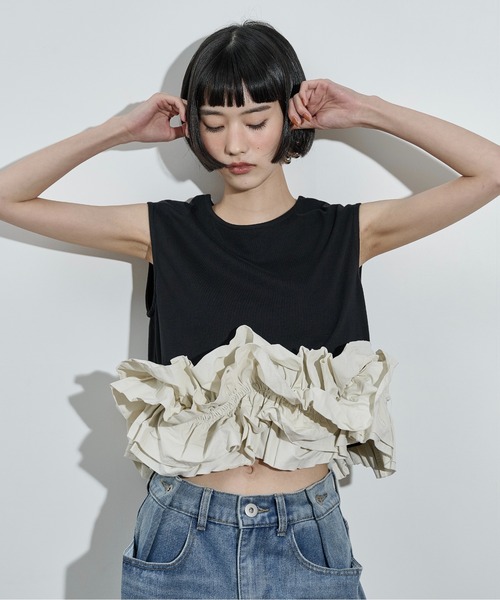 フリルレイヤードヘムノースリTシャツ（Tシャツ/カットソー）｜THE YOn