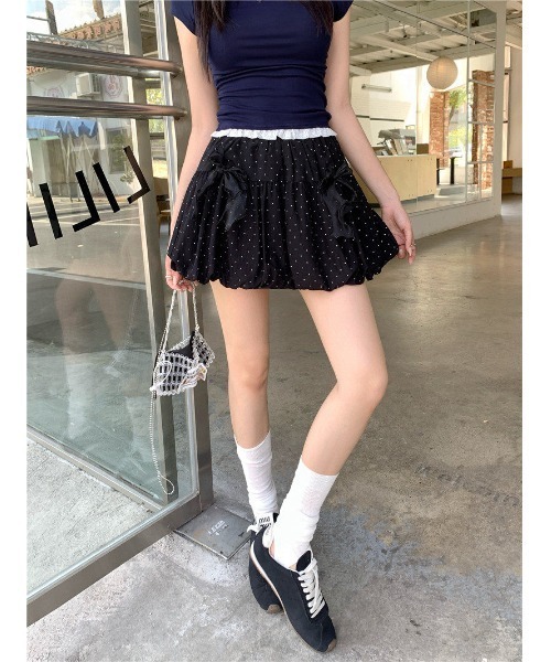 GEMEDA(ジェメダ)の「リボンデザイン ギンガムチェックフレアミニスカート(スカート・レディース・ライトブルー/ブラック×ホワイト/ブラック/ホワイト・M)」の6枚目の写真