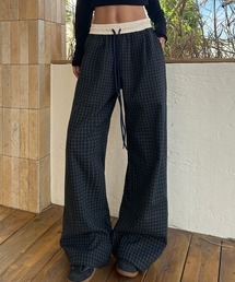 チェック柄 配色ウエスト ワイドパンツ