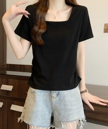スクエアネック半袖Tシャツ レディース シンプル コンパクトトップス