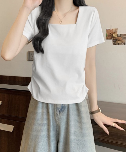 2ly2(トゥーリートゥー)の「スクエアネック半袖Tシャツ レディース シンプル コンパクトトップス(Tシャツ/カットソー・レディース・ブラック/ホワイト・FREE)」の3枚目の写真