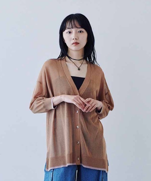 MEDE19F（メデジュウキュウ）の「ＭＥＤＥ１９Ｆ　配色ラインのシアーニットカーディガン（カーディガン/ボレロ・レディース・カーキ/ブラウン/グレー・M/L/LL）」の3枚目の写真