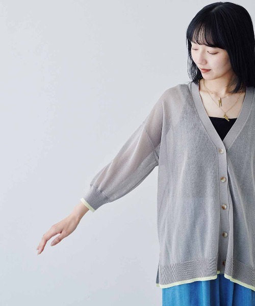 MEDE19F（メデジュウキュウ）の「ＭＥＤＥ１９Ｆ　配色ラインのシアーニットカーディガン（カーディガン/ボレロ・レディース・カーキ/ブラウン/グレー・M/L/LL）」の12枚目の写真