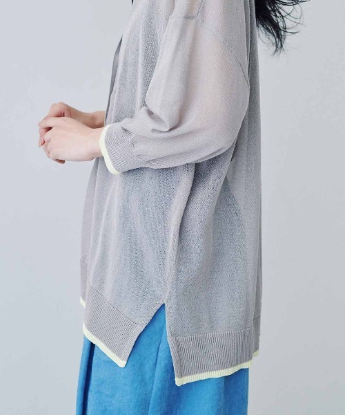 MEDE19F（メデジュウキュウ）の「ＭＥＤＥ１９Ｆ　配色ラインのシアーニットカーディガン（カーディガン/ボレロ・レディース・カーキ/ブラウン/グレー・M/L/LL）」の15枚目の写真