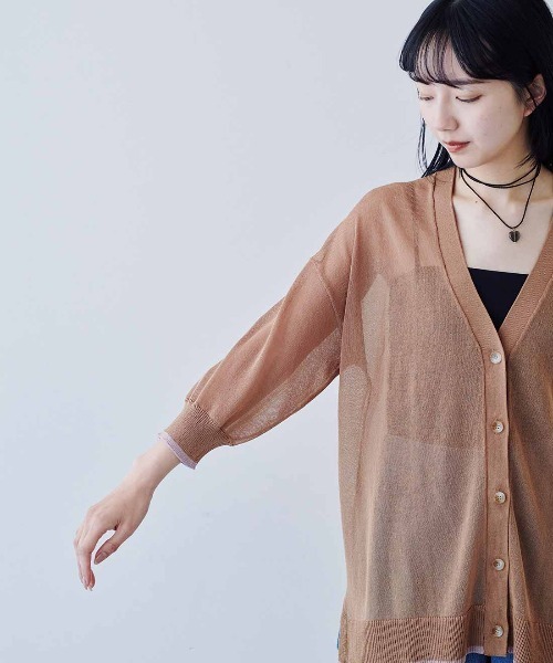 MEDE19F（メデジュウキュウ）の「ＭＥＤＥ１９Ｆ　配色ラインのシアーニットカーディガン（カーディガン/ボレロ・レディース・カーキ/ブラウン/グレー・M/L/LL）」の14枚目の写真