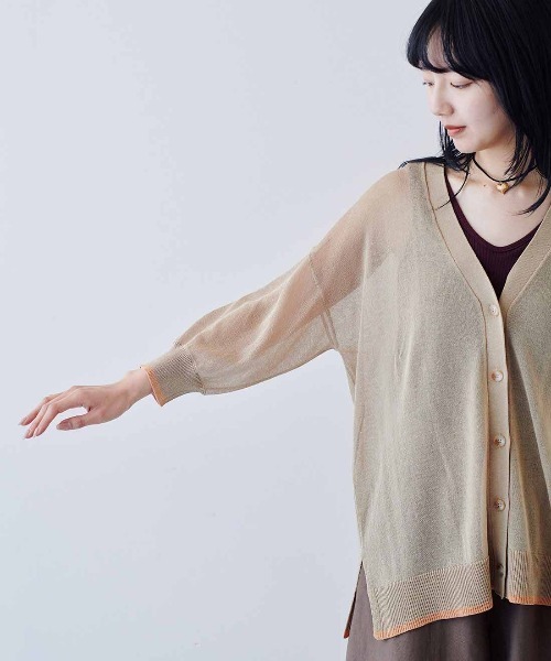 MEDE19F(メデジュウキュウ)の「MEDE19F 配色ラインのシアーニットカーディガン(カーディガン/ボレロ・レディース・ベージュ/ブラウン/グレー・M/L/LL)」の6枚目の写真