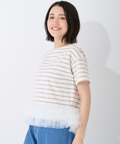 petit main LIEN(プティマインリアン)の「ボーダーペプラム半袖Tシャツ(Tシャツ/カットソー・レディース・ピンク/チャコール/ネイビー・F)」の4枚目の写真
