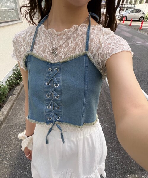 w closet(ダブルクローゼット)の「レースUPデニムビスチェ(シャツ/ブラウス・レディース・ブルー/ブラック・FREE)」の12枚目の写真