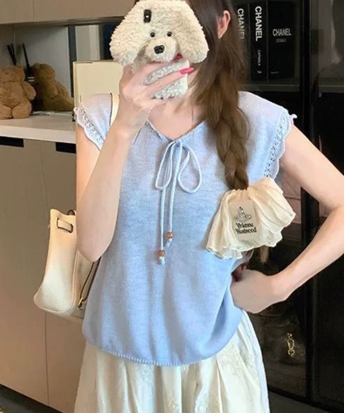 LAFFMO(ラフモ)の「Vネックリボン付きサマーニット(ニット/セーター・レディース・イエロー/ブルー/ベージュ/パープル・F)」の3枚目の写真