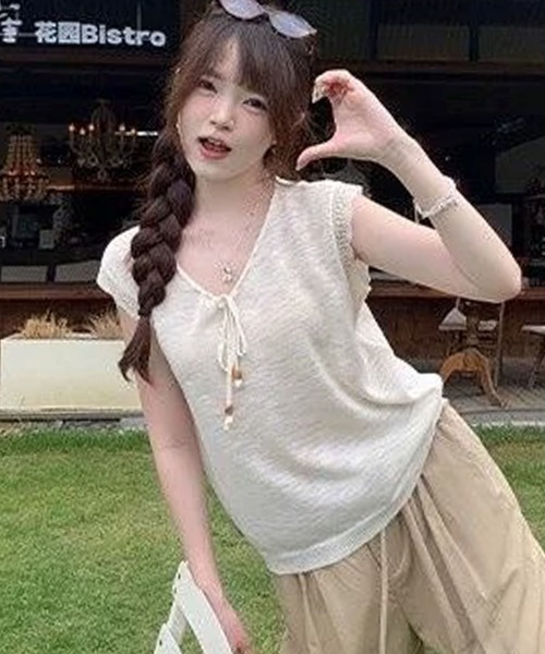 LAFFMO(ラフモ)の「Vネックリボン付きサマーニット(ニット/セーター・レディース・イエロー/ブルー/ベージュ/パープル・F)」の16枚目の写真