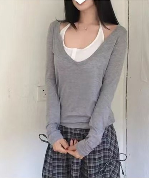 AsheKsha(アシクシャ)の「フェイク二重キャミソールVネックトップス(Tシャツ/カットソー・レディース・グレー・M)」の16枚目の写真
