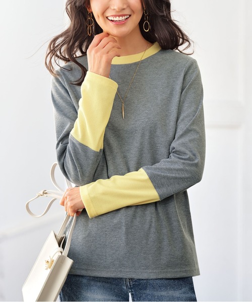 BELLUNA PLUS(ベルーナ)の「配色リブ素材クルーネックプルオーバー(Tシャツ/カットソー・レディース・ブラック系/アイボリー系/パープル系/杢グレー・X-LARGE/MEDIUM/LARGE)」の3枚目の写真